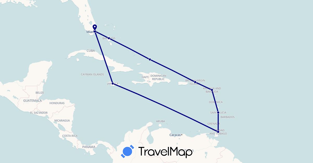 TravelMap itinerary: driving in Antigua and Barbuda, Bahamas, Jamaica, Saint Lucia, Turks and Caicos Islands, Trinidad and Tobago, United States, British Virgin Islands (North America)